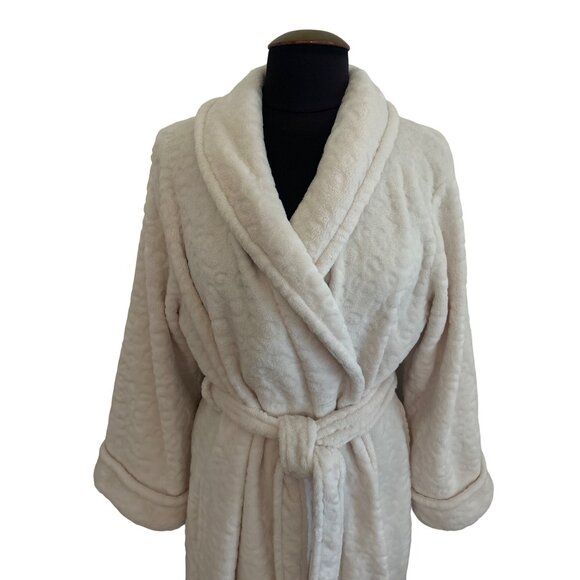 Oscar De La Renta Beige Plush Leopard Embossed Print Robe L/XL - Picture 2 of 8